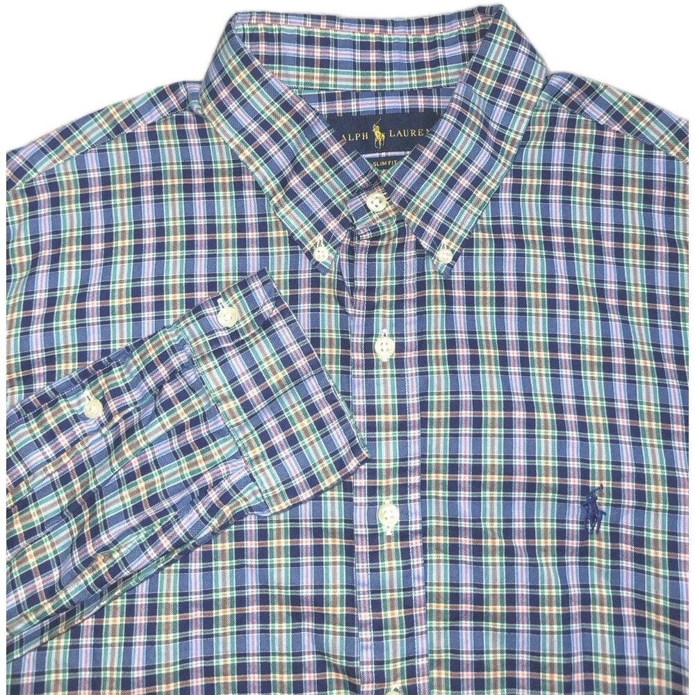 Ralph Lauren Mens XL Multicolor Plaid Button-Down Shirt 100% Cotton Slim Fit